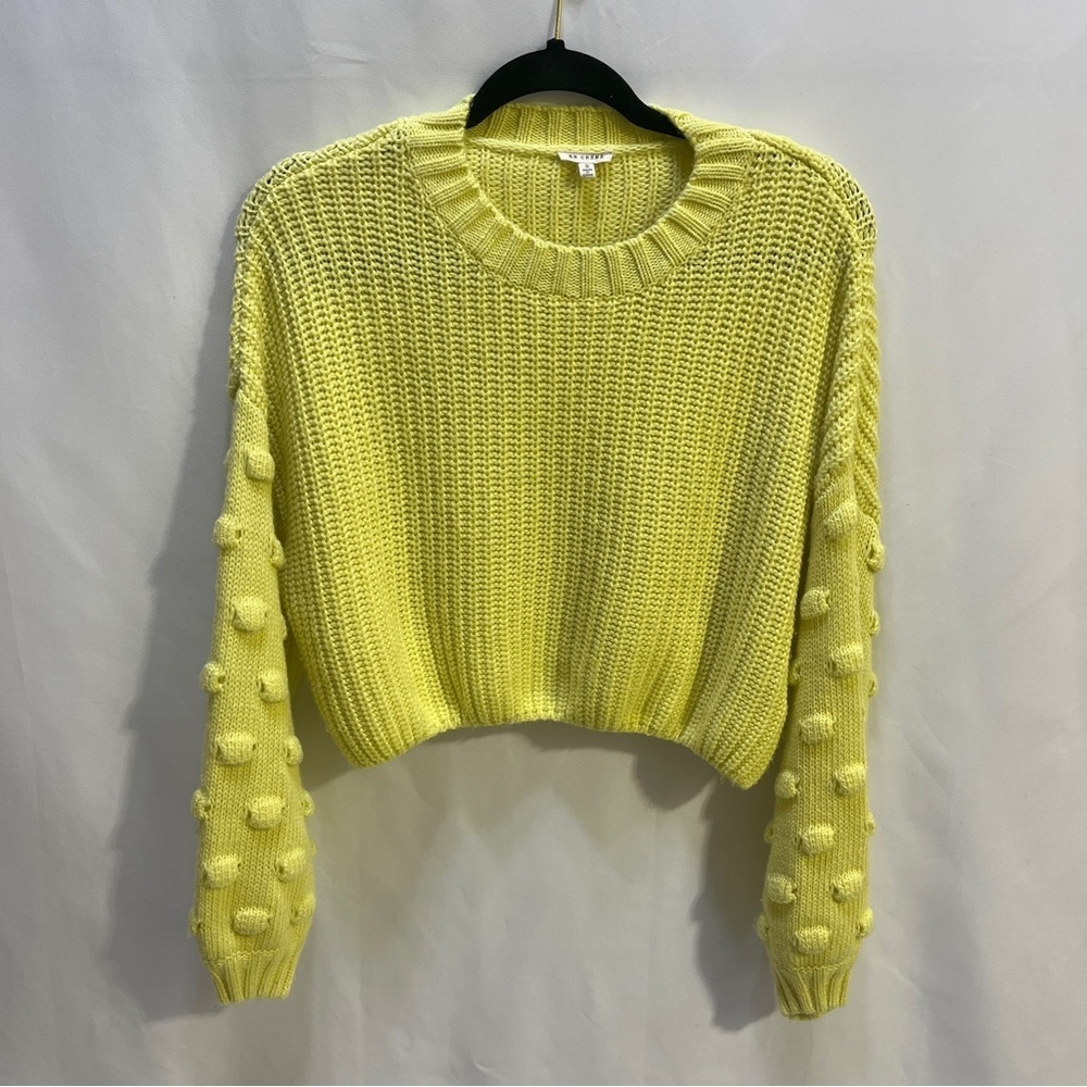 EN CRÈME Womens Cropped Yellow Sweater Puff Crocheted Long Sleeves Size Small